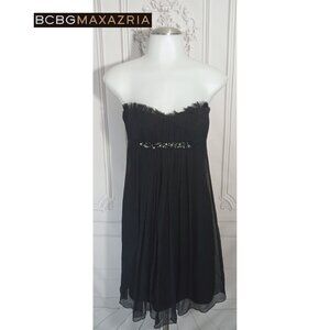 BCBGMAXAZRIA  All Silk Chiffon Black Strapless Babydoll Dress Open Shoulder Sz 2